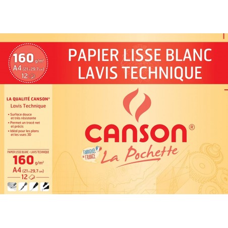 Canson - Beaux arts - Pochette de papier à dessin technique - 12 feuilles - A4 - 160 g/m2
