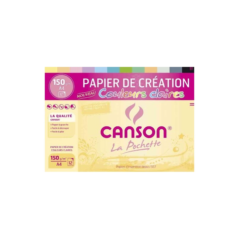 Canson - Beaux arts - Pochette de papier couleurs claires - 12 feuilles - A4 - 150 g/m2