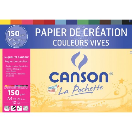 Canson - Beaux arts - Pochette de papier couleur vives - 12 feuilles - A4 - 150 g/m2