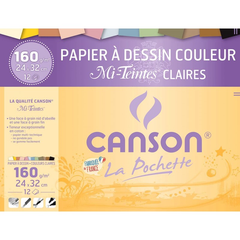 Canson - Beaux arts - Pochette de papier dessin mi-teintes coloris pastel - 12 feuilles - 24x32 cm -