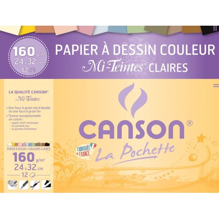 Canson - Beaux arts - Pochette de papier dessin mi-teintes coloris pastel - 12 feuilles - 24x32 cm -