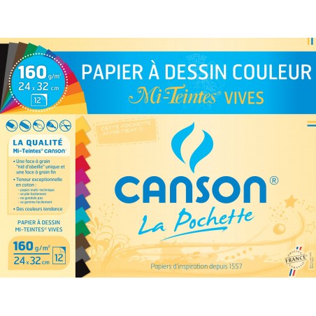 Canson - Beaux arts - Pochette de papier à dessin mi-teintes vives - 12 feuilles - 24x32 cm - 150 g/