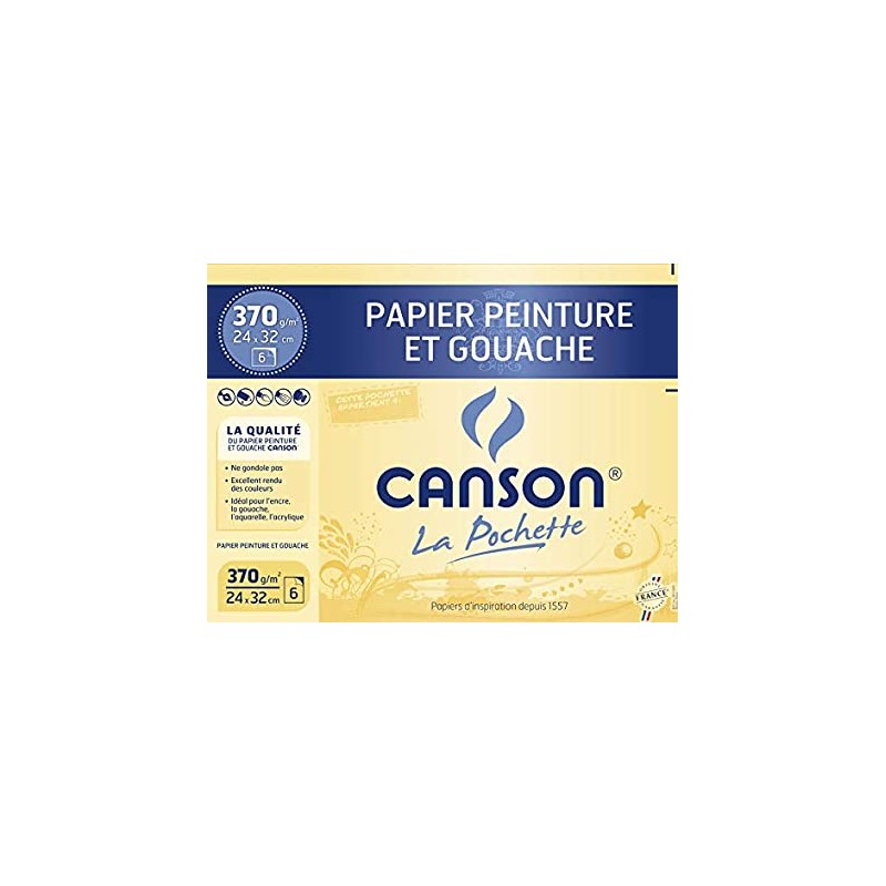 Canson - Beaux arts - Pochette de papier peinture et gouache - Blanc - 6 feuilles - 24x32 cm - 370 g