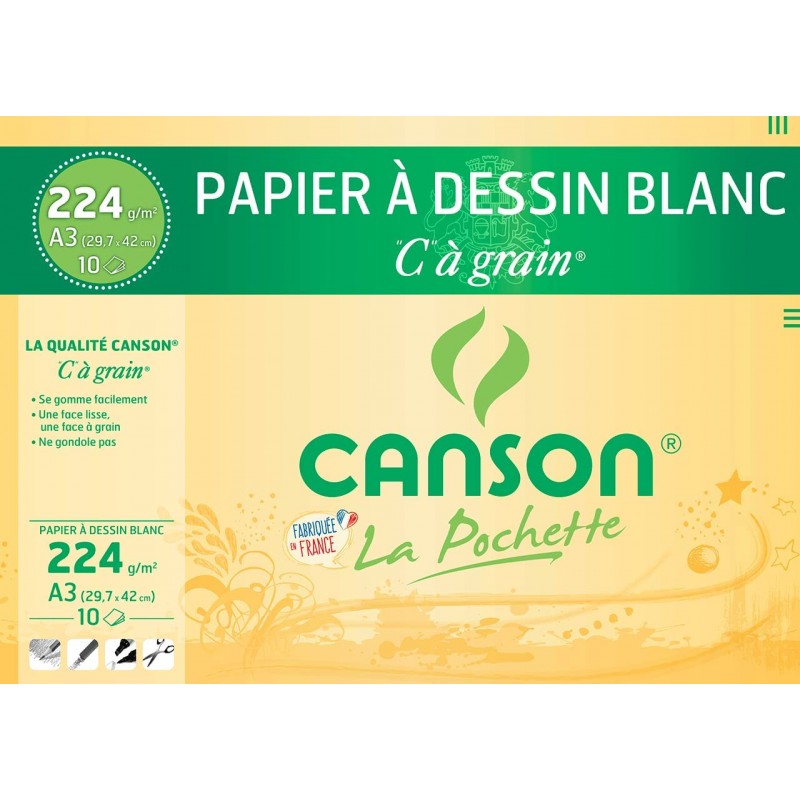 Canson - Beaux arts - Pochette de papier à dessin blanc - 10 feuilles - A3 - 224 g/m2