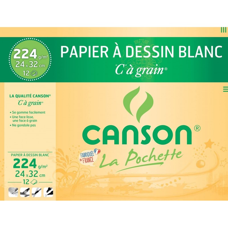 Canson - Beaux arts - Pochette de papier à dessin blanc - 12 feuilles - 24x32 cm - 224 g/m2