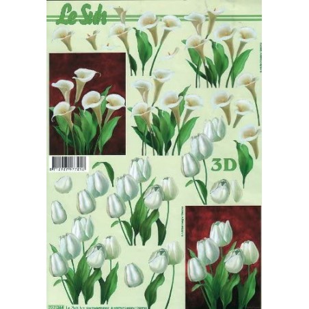 Feuille 3D de motifs pour carte en 3D - Arums et tulipes blanches