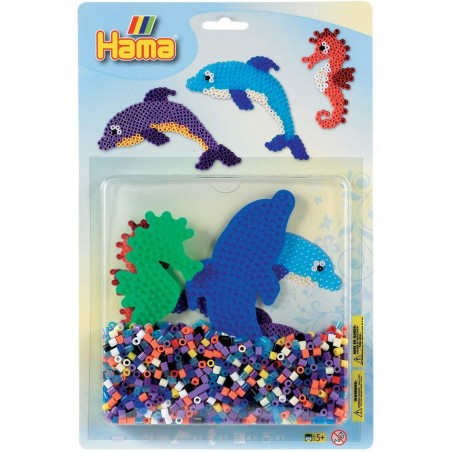 Hama - Perles - 4058 - Taille Midi - Boîte 1100 perles et 2 plaques dauphin et hippocampe