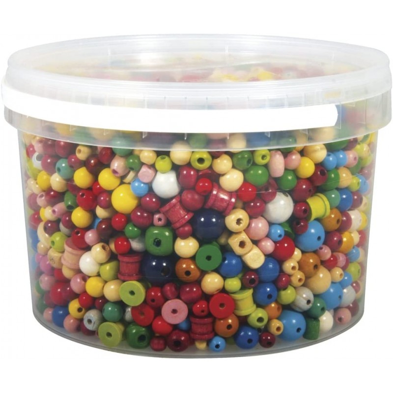 Rayher - Seau de perles en bois - Couleurs assorties - 4 à 16 mm - 1,2 Kg