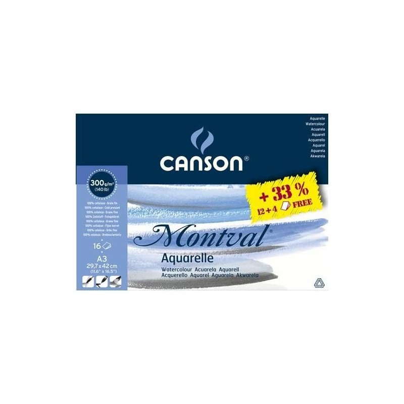 Canson - Beaux arts - Bloc collé Montval grain fin - 12 feuilles - A3 - 300 g/m2