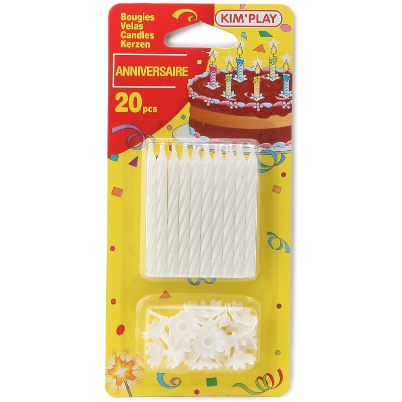 Kim Play - Blister de 20 bougies blanches d'anniversaire avec bobèches