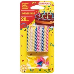 Kim Play - Blister de 20 bougies multicolores d'anniversaire avec bobèches