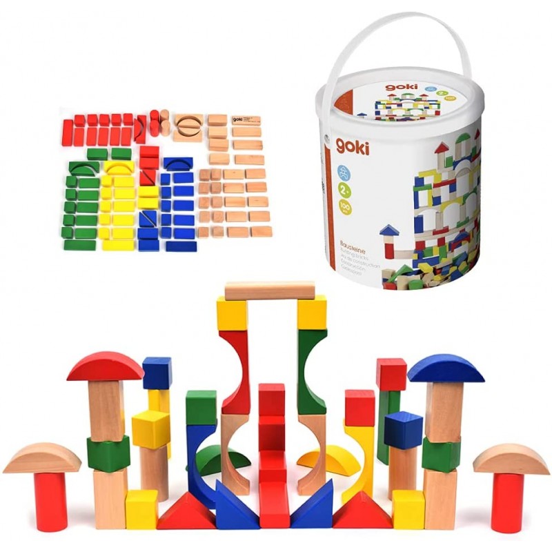 Goki - Jeu de construction - Baril de 100 blocs en bois colorés