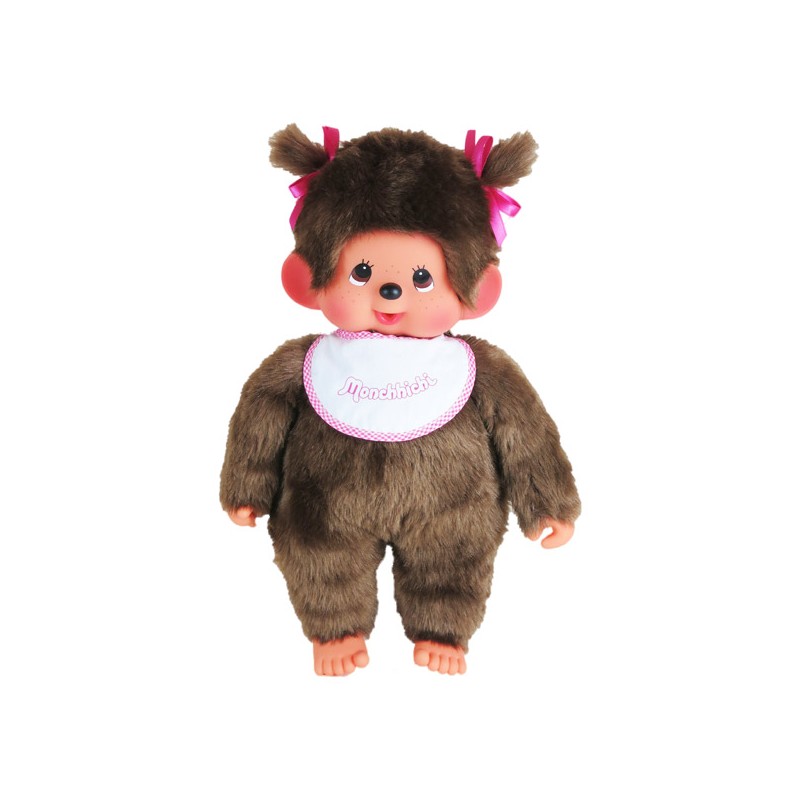 Bandai - Peluche Monchhichi - Kiki fille avec bavoir rose - 45 cm