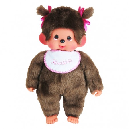 Bandai - Peluche Monchhichi - Kiki fille avec bavoir rose - 45 cm