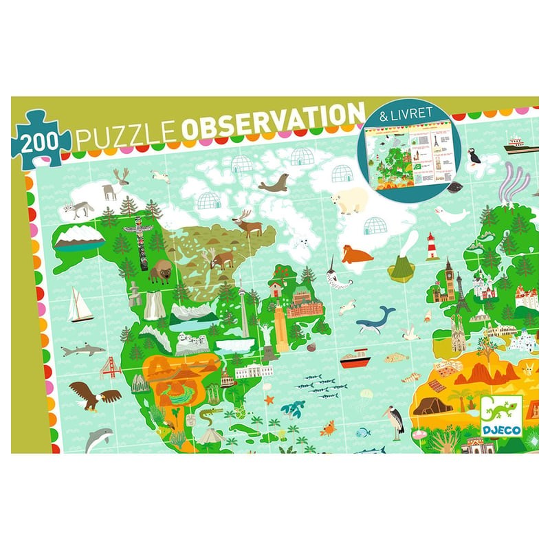Djeco - DJ07412 - Puzzles observation - Tour du monde 200pcs + livret - FSC MIX