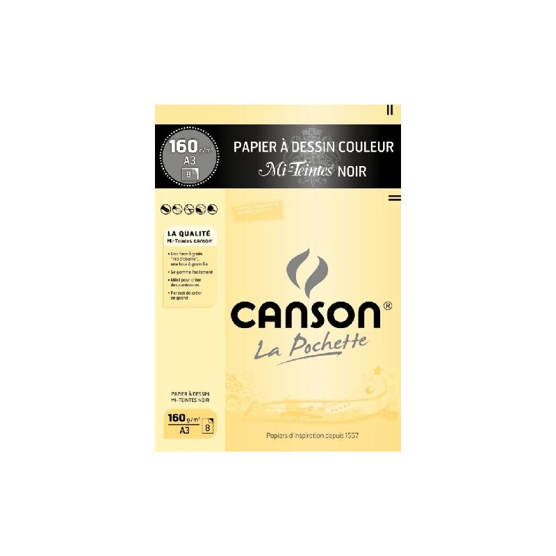 Canson - Beaux arts - Pochette de papier couleur mi-teintes noir - 8 feuilles - A3 - 160 g/m2