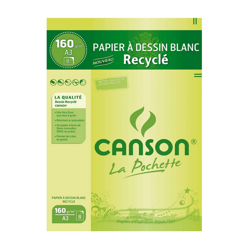 Canson - Beaux arts - Pochette de papier à dessin blanc - 8 feuilles - A3 - 160 g/m2