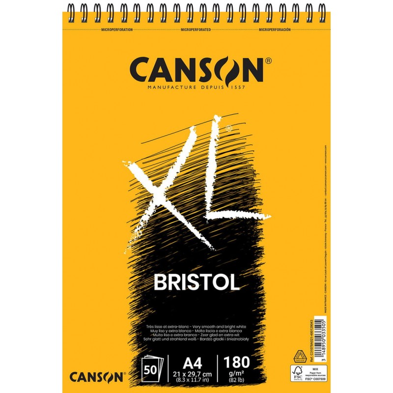 Canson - Beaux arts - Bloc XL à spirales - Bristol - 50 feuilles à dessin - A4 - 180 g/m2