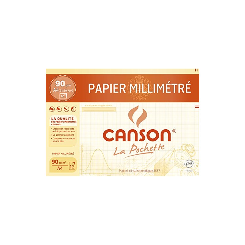 Canson - Beaux arts - Pochette de papier millimétré - 12 feuilles - A4 - 90 g/m2