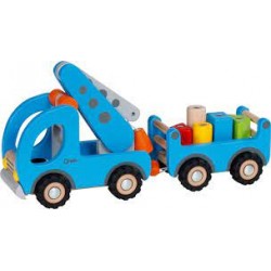 Goki - Jouet en bois - Camion grue avec remorque et 5 blocs magnétiques