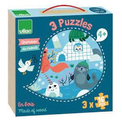 Vilac - Coffret de 3 puzzles en bois - 3x16 pièces - Animaux de monde