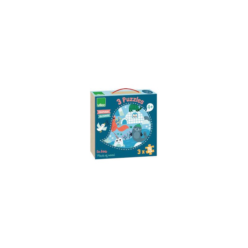 Vilac - Coffret de 3 puzzles en bois - 3x16 pièces - Animaux de monde