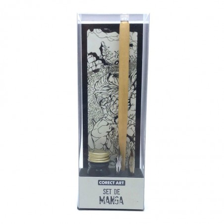 Corector - Beaux arts - Set de calligraphie manga - Porte plume en bois, 4 plumes et 1 flacon