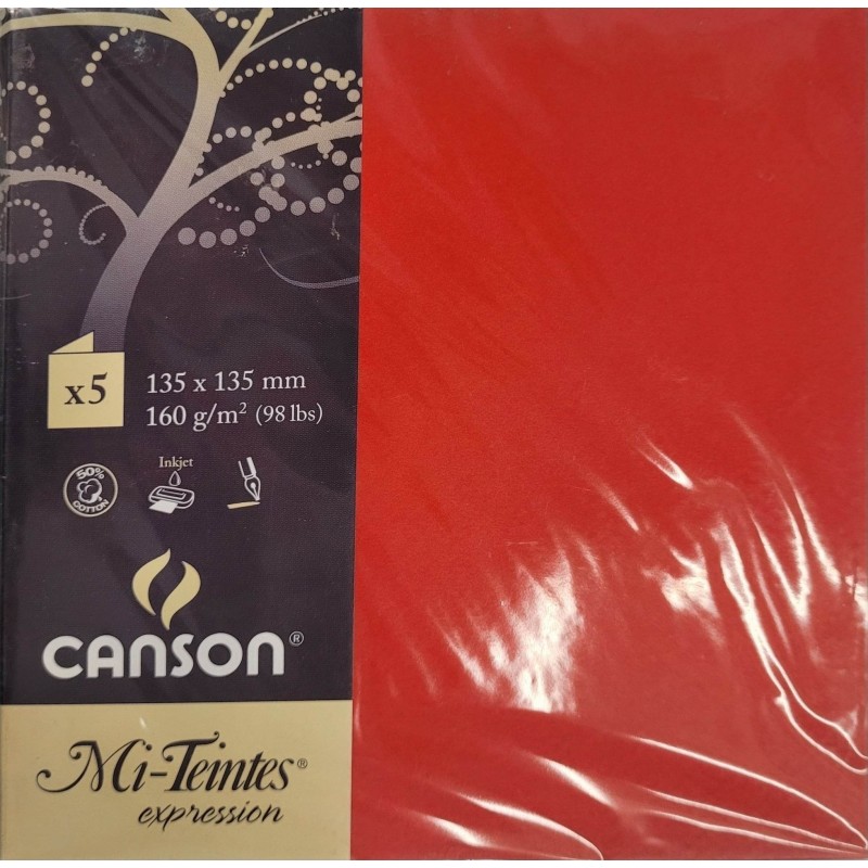 Canson - Blister de 5 cartes pliées mi teintes - Coquelicot - 135x135 mm - 160g/m2