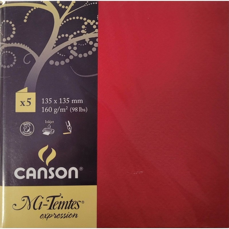 Canson - Blister de 5 cartes pliées mi teintes - Rouge vif - 135x135 mm - 160g/m2