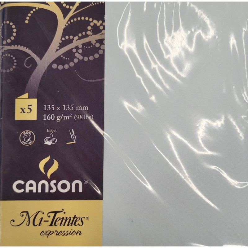 Canson - Blister de 5 cartes pliées mi teintes - Azur - 135x135 mm - 160g/m2