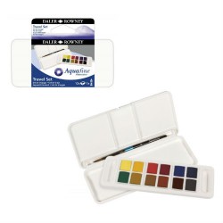 Daler Rowney - Beaux arts - Coffret de poche de 12 demi godets d'aquarelle Aquafine et pinceau