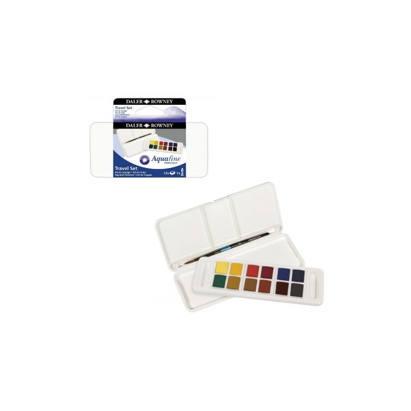 Daler Rowney - Beaux arts - Coffret de poche de 12 demi godets d'aquarelle Aquafine et pinceau