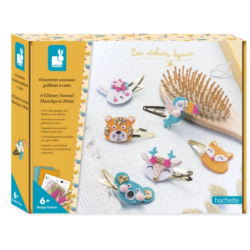 Janod - Loisirs créatifs - 6 barrettes animaux pailletés à créer