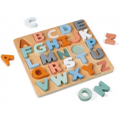 Janod - Puzzle Alphabet en Bois 26 Pièces - Collection Sweet Cocoon - Jouet d'Eveil et Premier Âge P
