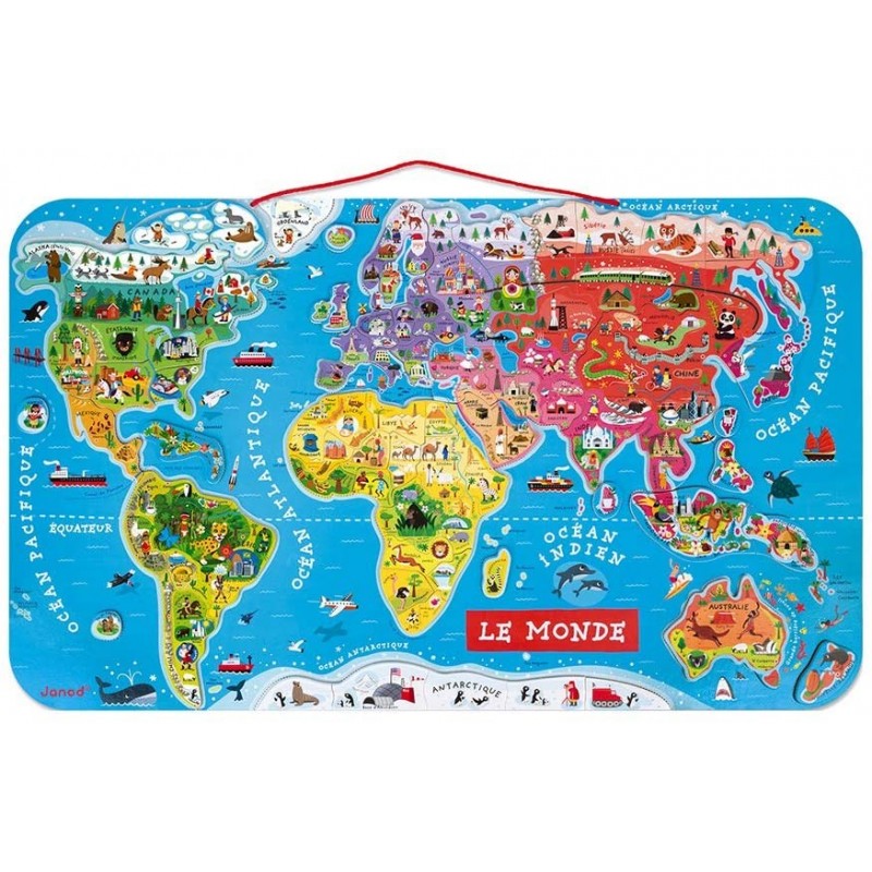 Janod - Puzzle magnétique - Carte du monde en bois - 92 pièces aimantées