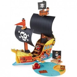 Janod - Bateau Pirates Story - 7 Figurines en Bois - Jouet d'Imagination - Pirates et Trésors - Dès