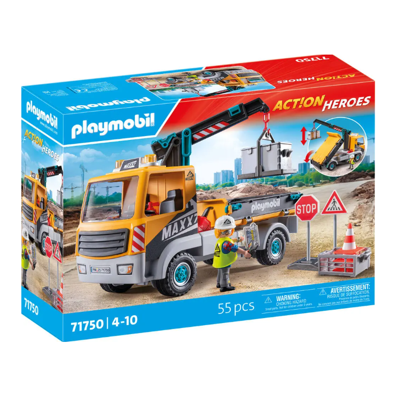 Playmobil - 71750 - Action Heroes - Camion grue, ouvriers et accessoires