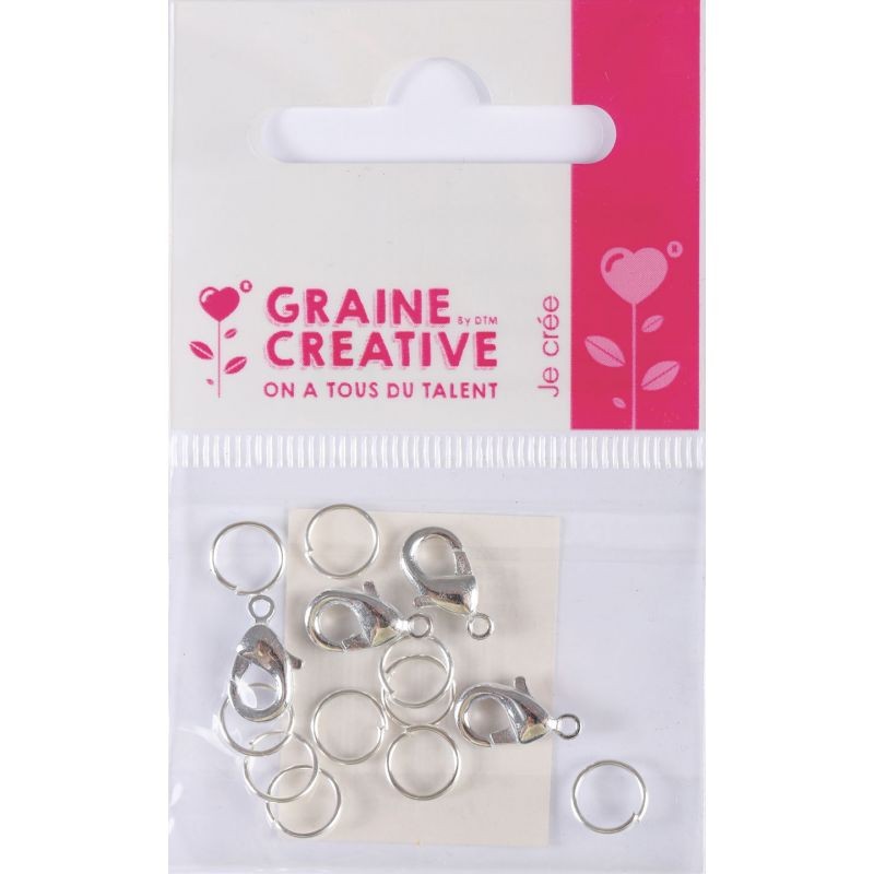 Graine créative - Sachet de 4 fermoirs mousquetons - Argent - 12mm avec anneaux