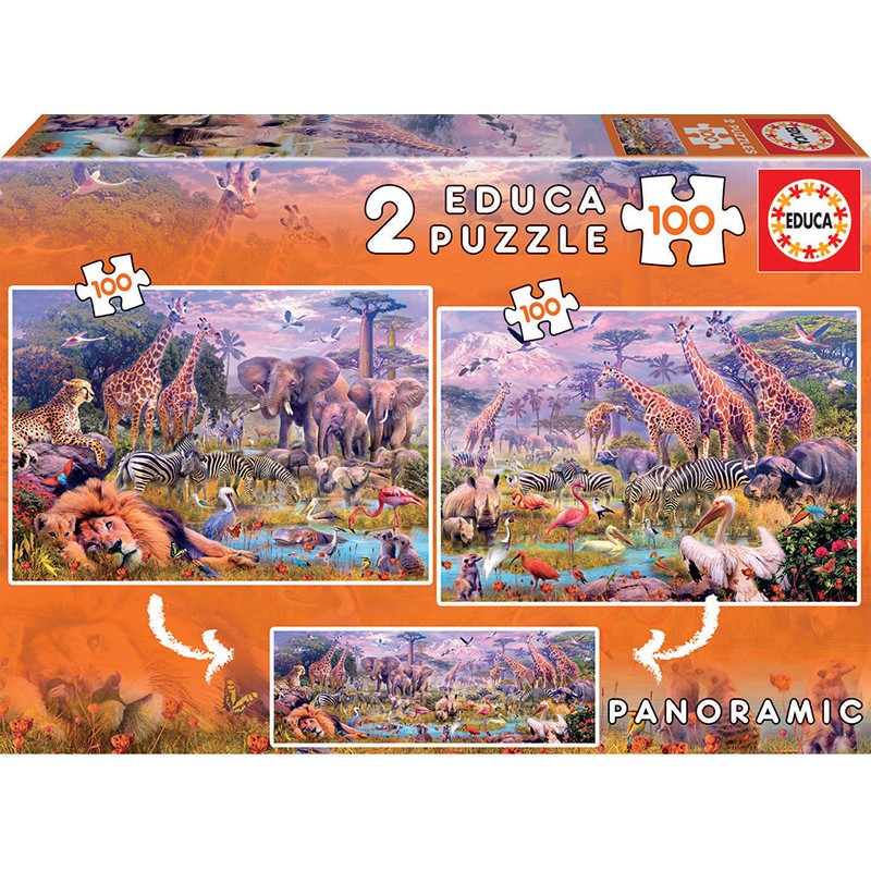 Educa - 2 puzzles 100 pièces panoramiques - Les animaux sauvages