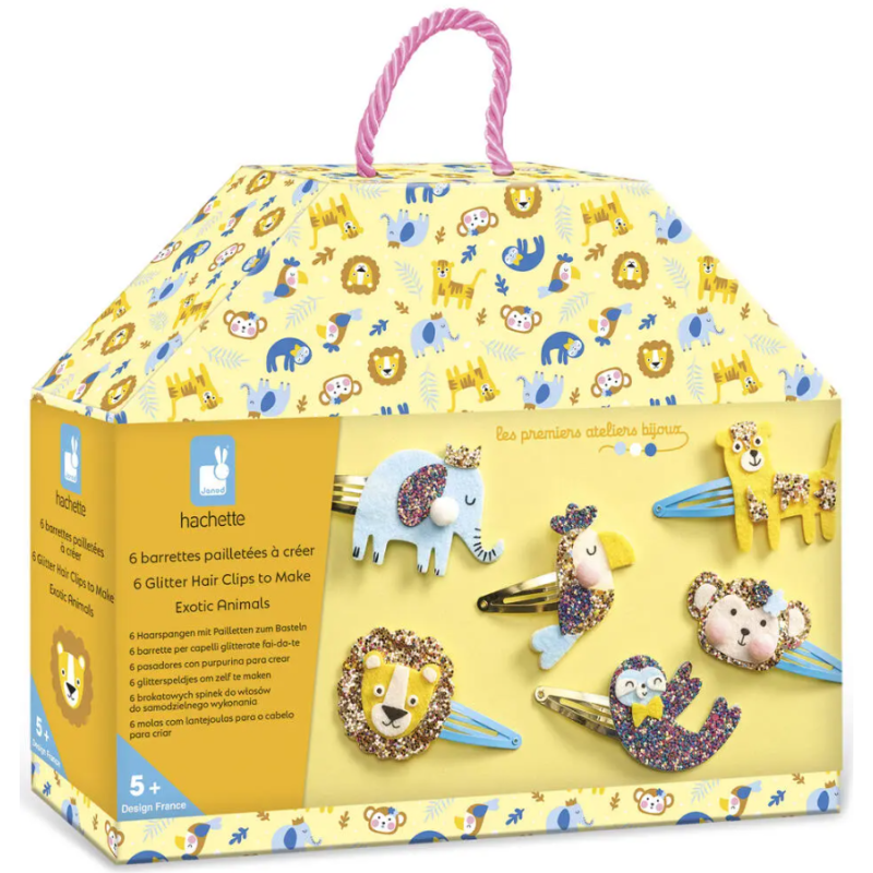 Janod - Loisirs créatifs - Coffret de 6 barrettes pailletées à créer - Animaux exotiques