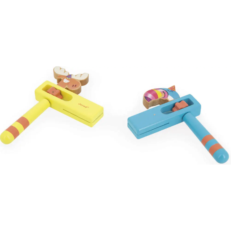 Janod - Jouet en bois enfant - Râteleurs crecelle Applepop élan et toucan