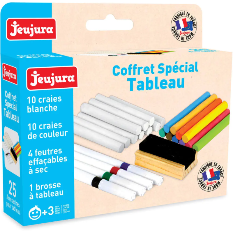 JeuJura - Accessoires tableau - 20 craies blanches et colorées, 4 feutres et 1 brosse