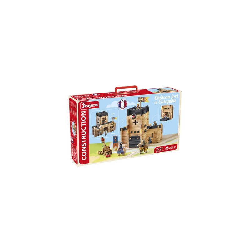 Jeujura Château Fort & Catapulte ? Jeu de construction bois 270 pièces + tapis ? 5 ans+