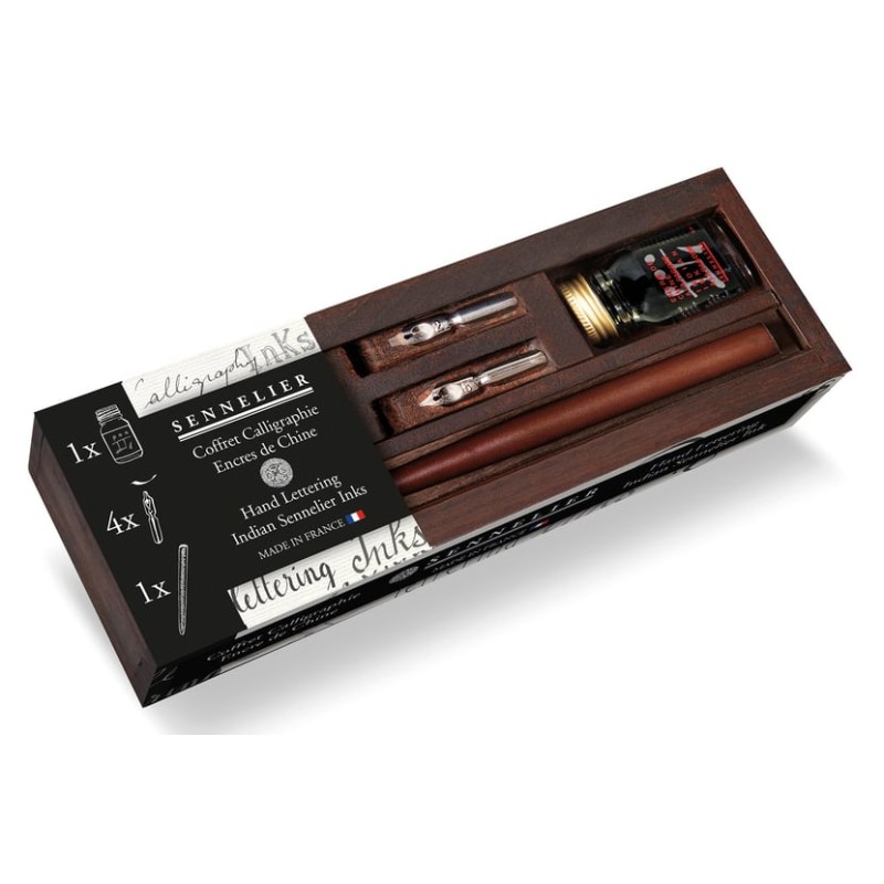 Sennelier - Coffret de calligraphie encre de Chine avec porte plume et 4 plumes - 10ml