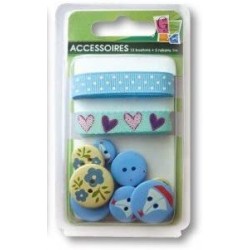 1 kit de 2 rubans + 12 boutons ""Coeur"" pour customisation, scrapbooking ou carterie