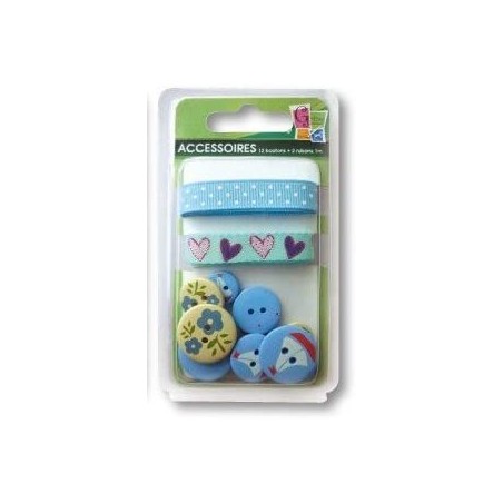 1 kit de 2 rubans + 12 boutons ""Coeur"" pour customisation, scrapbooking ou carterie