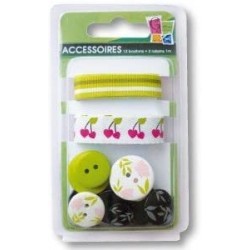 1 kit de 2 rubans + 12 boutons ""Cerise"" pour customisation, scrapbooking ou carterie