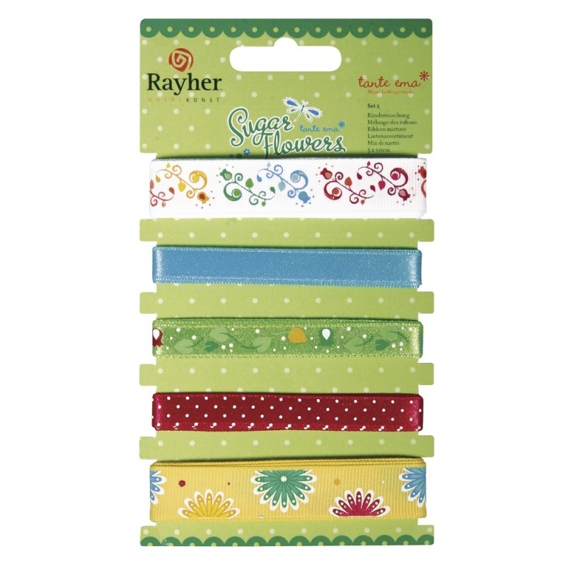 Rayher - Blister de 5 rubans assortis - Motifs fleurs colorées - 90 cm