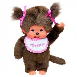 Bandai - Peluche Monchhichi - Kiki fille avec bavoir rose et blanc - 20 cm