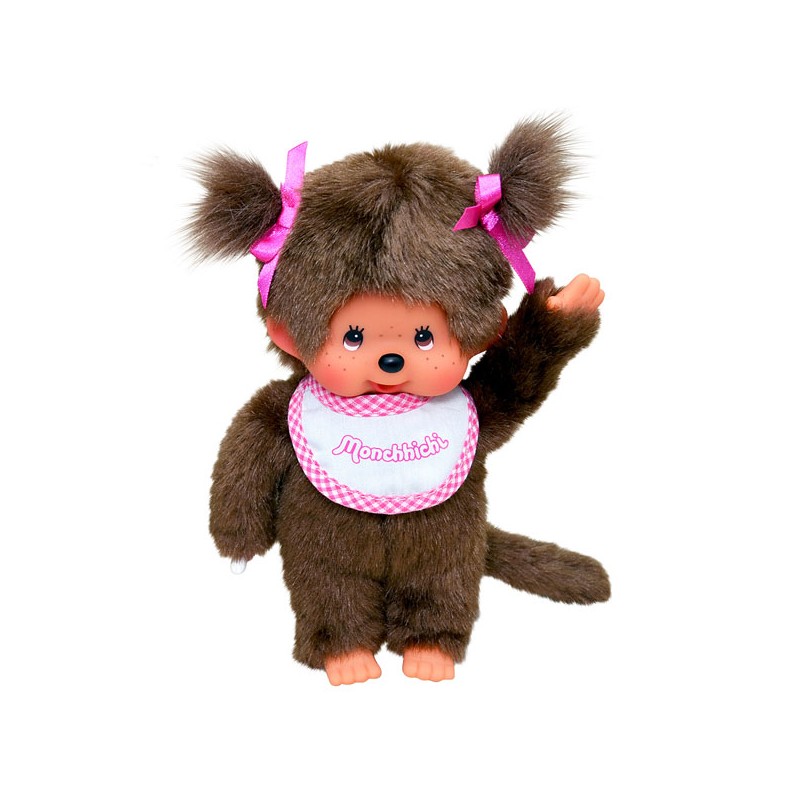 Bandai - Peluche Monchhichi - Kiki fille avec bavoir rose et blanc - 20 cm